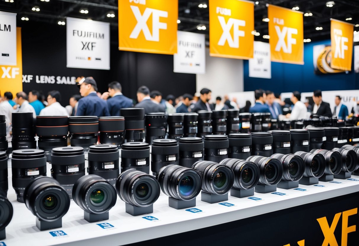 A crowded display table at the Fujifilm XF Lens Sale Event, with various camera lenses arranged neatly and promotional banners hanging overhead