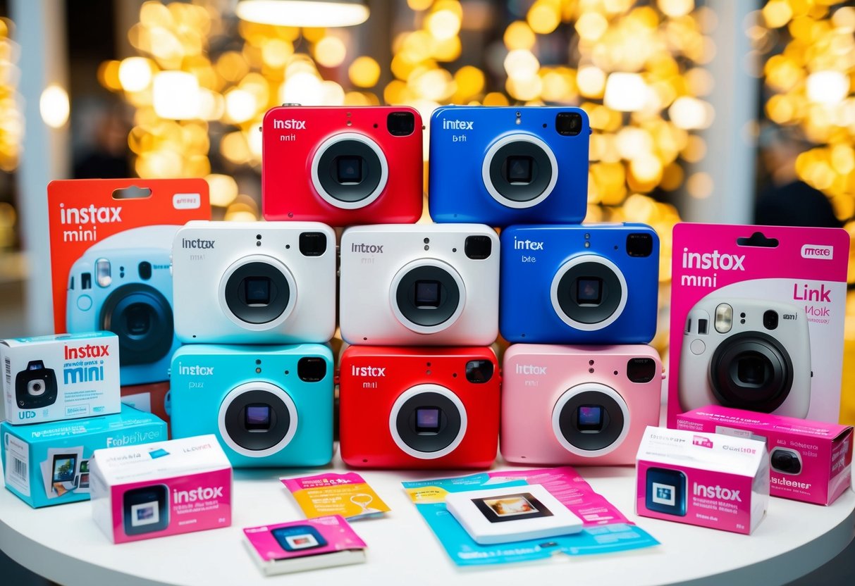 A colorful display of Instax Mini Link printers surrounded by various promotional items and packaging