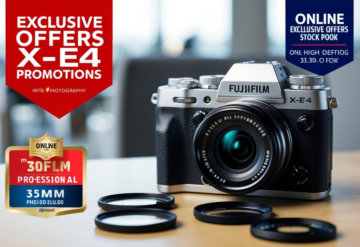 A sleek Fujifilm X-E4 camera surrounded by online exclusive offers and promotions, with a modern and minimalist design