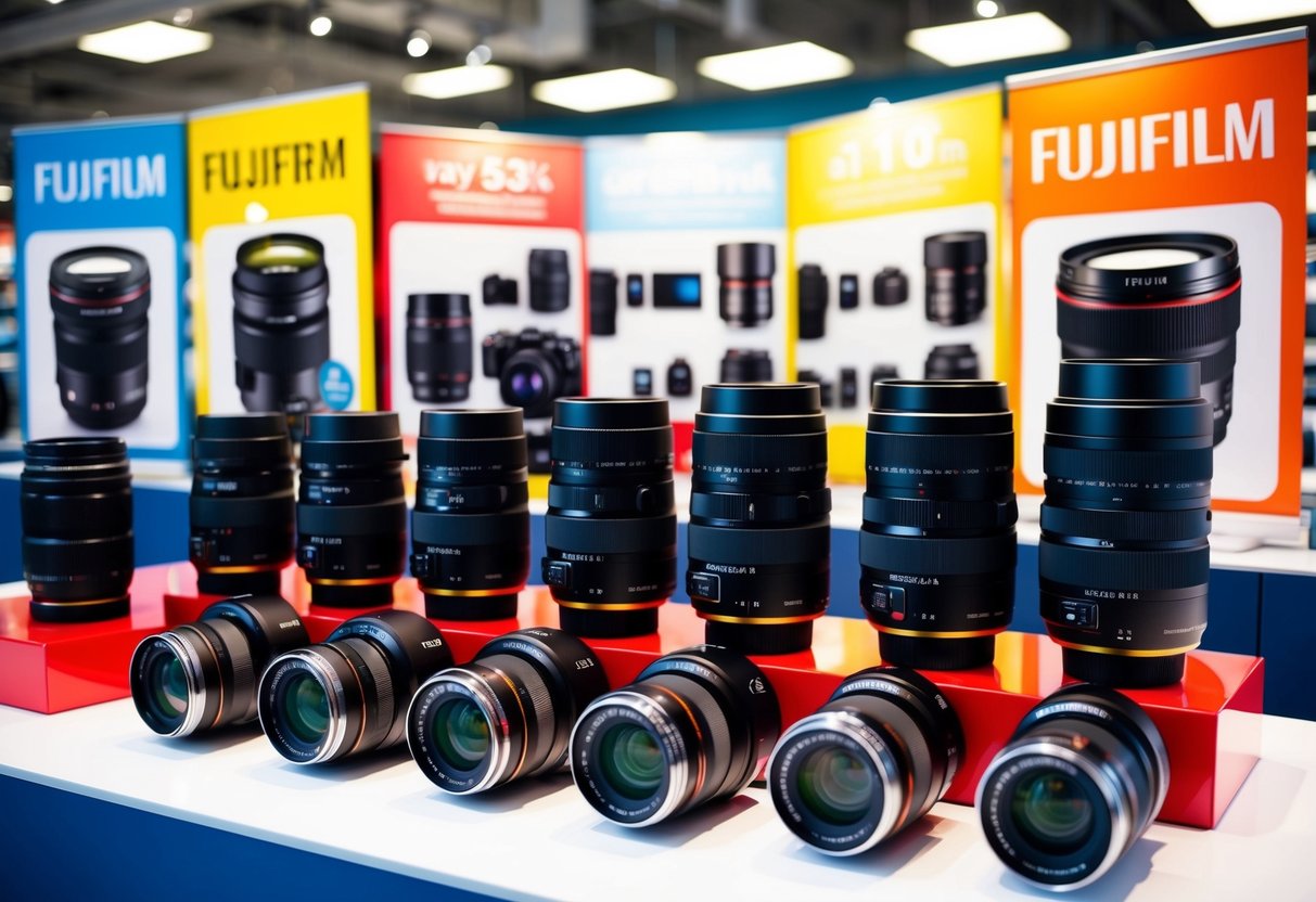 A bright, colorful display of Fujifilm cameras and lenses with promotional banners and discounts