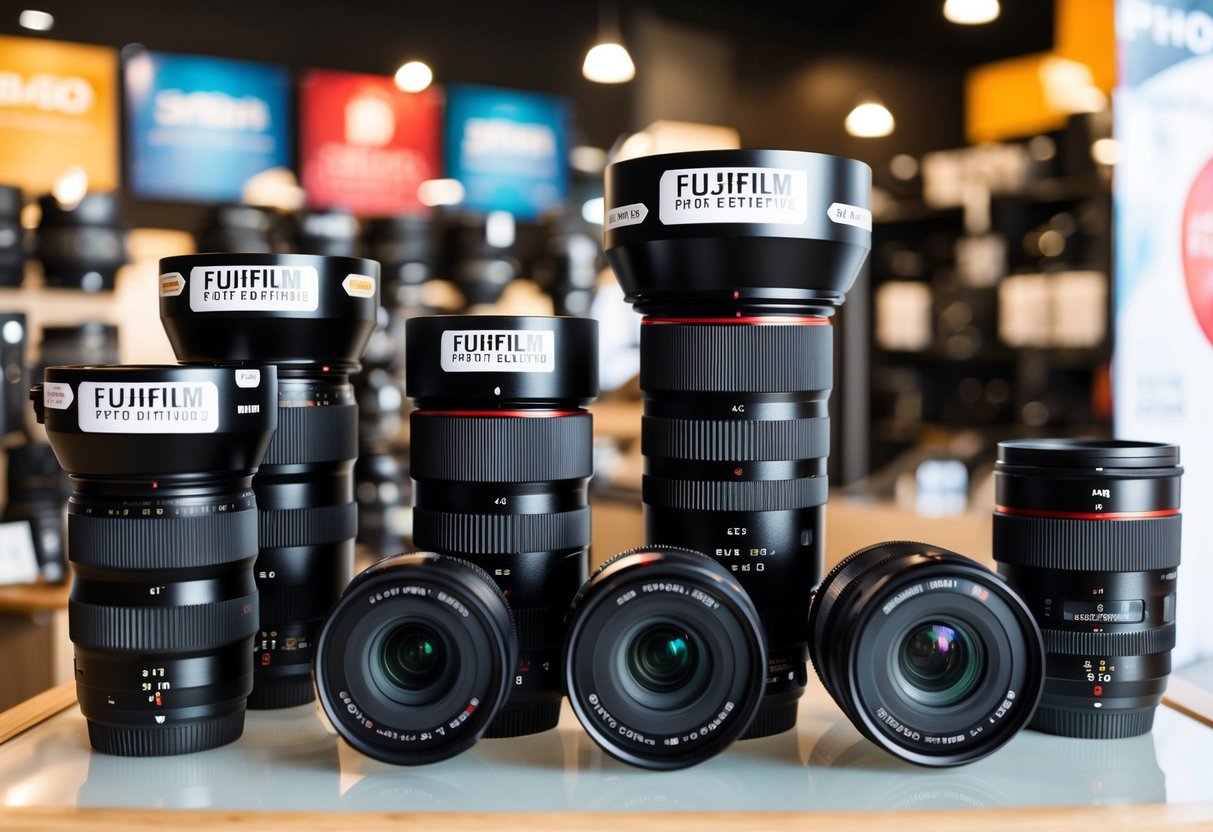 A display of Fujifilm cameras and lenses with promotional stickers and banners