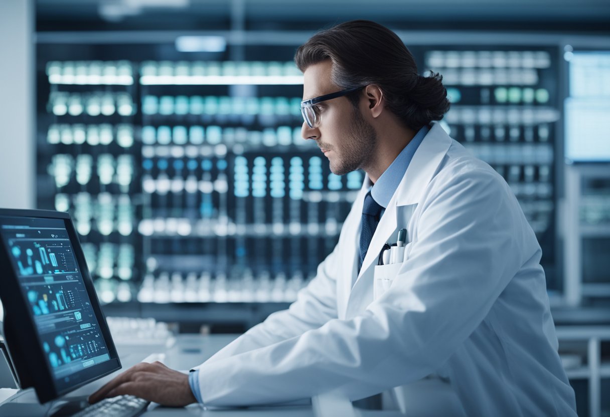 A scientist in a lab coat examines a computer screen displaying genetic testing results. Various test tubes and equipment are scattered on the lab bench