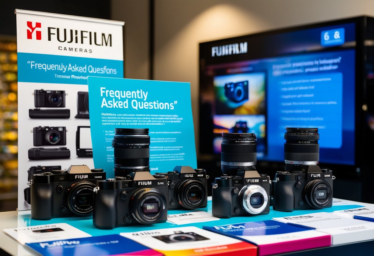 A colorful display of Fujifilm cameras and promotional materials with a "Frequently Asked Questions" section highlighted