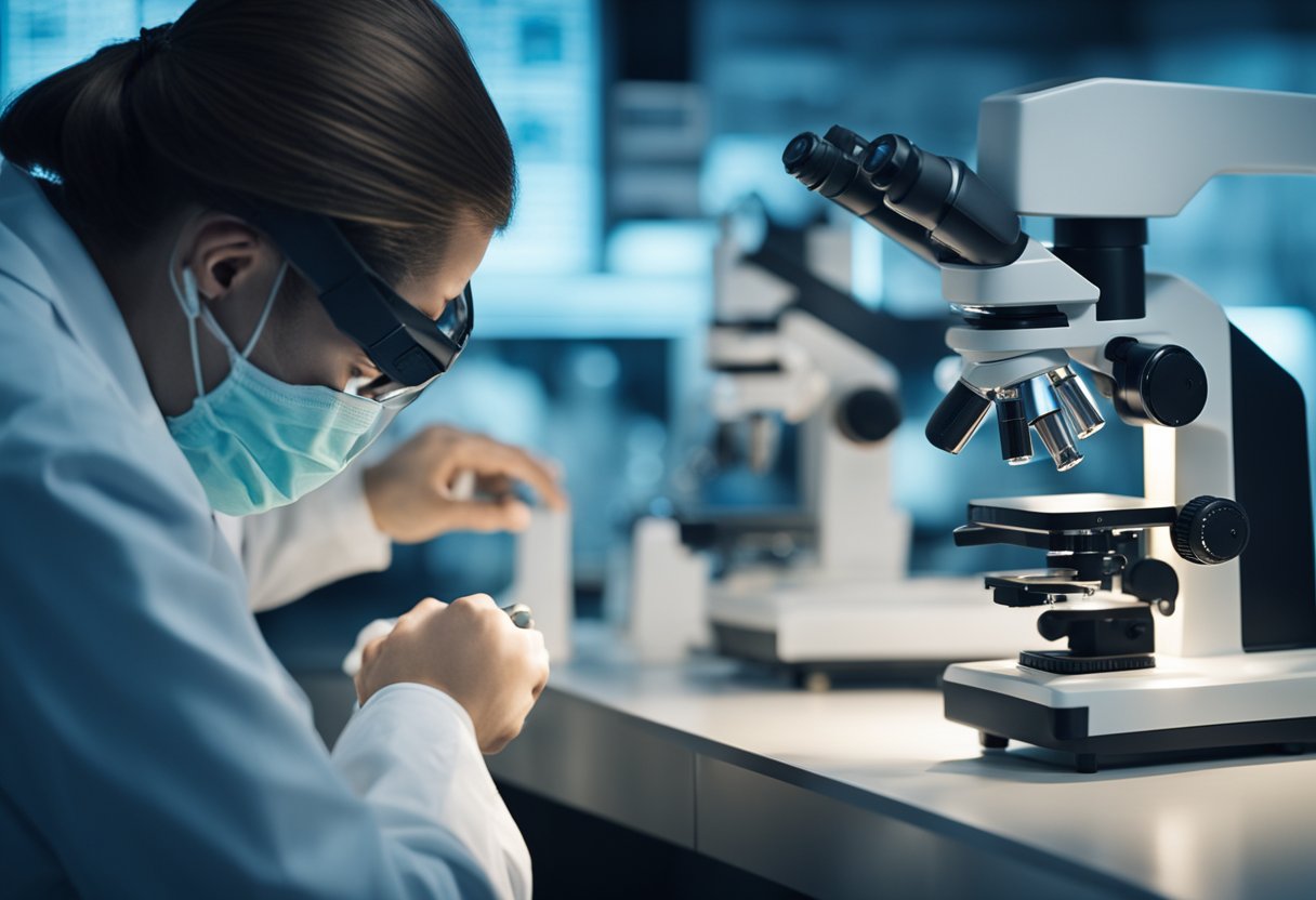 A lab technician carefully examines DNA samples under a microscope