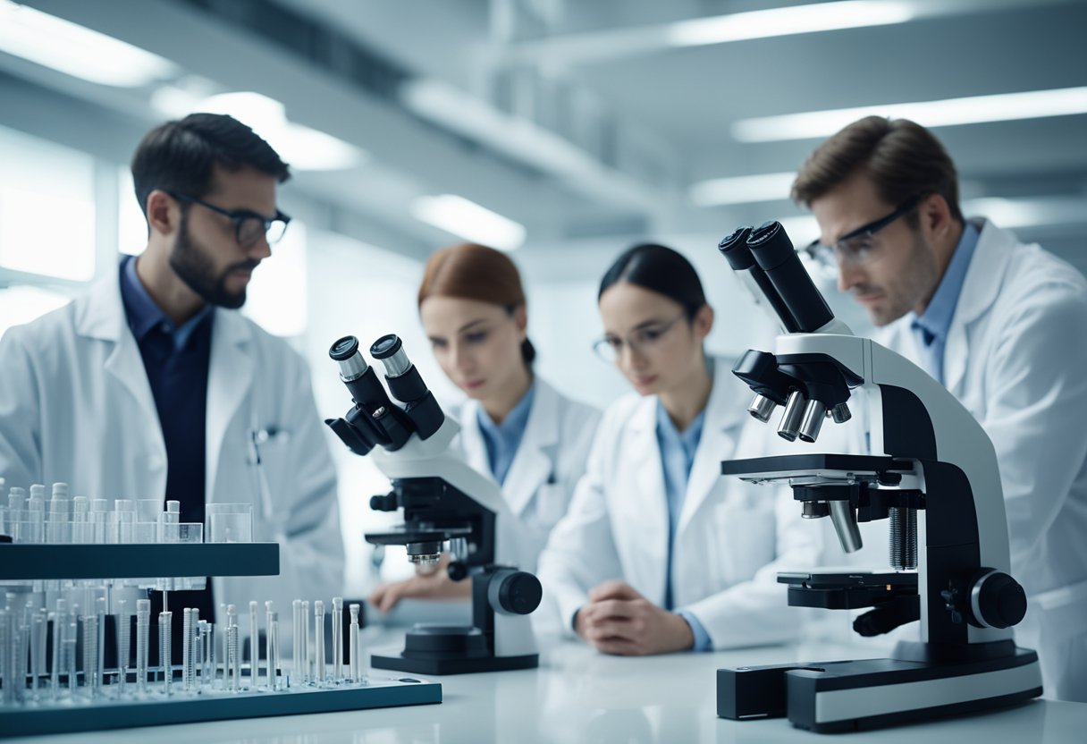 A scientist in a lab coat examines a DNA strand under a microscope, while a group of influencers look on with interest