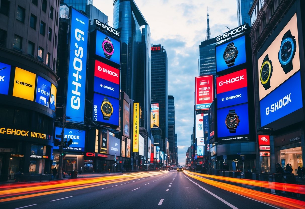 A vibrant city street with billboards and neon lights promoting G-Shock watches