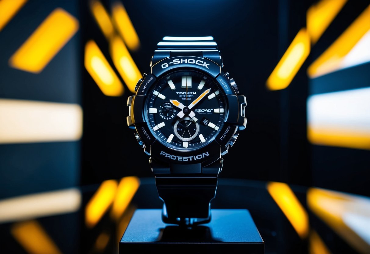 A sleek G-SHOCK watch displayed against a dark, industrial backdrop with bold lighting and dynamic angles