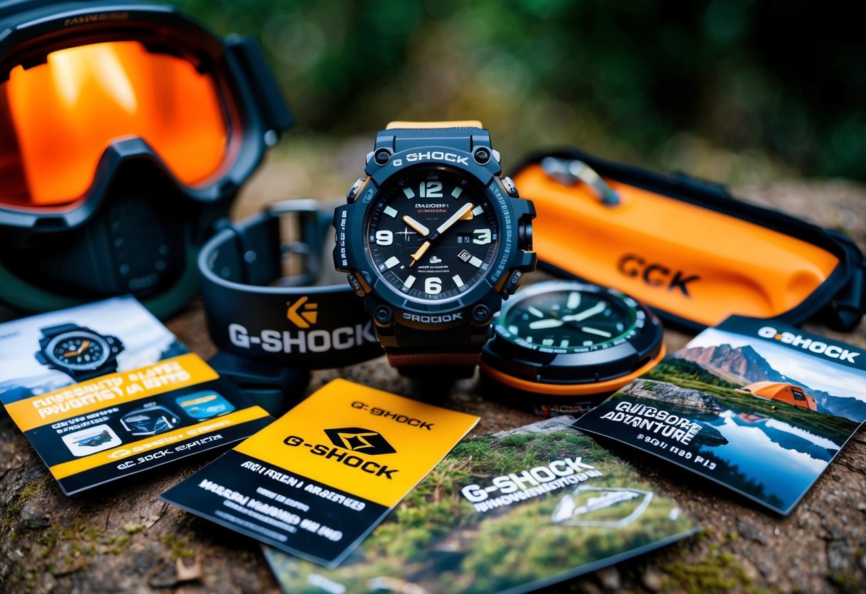 A rugged G-SHOCK watch surrounded by outdoor adventure gear and promotional materials