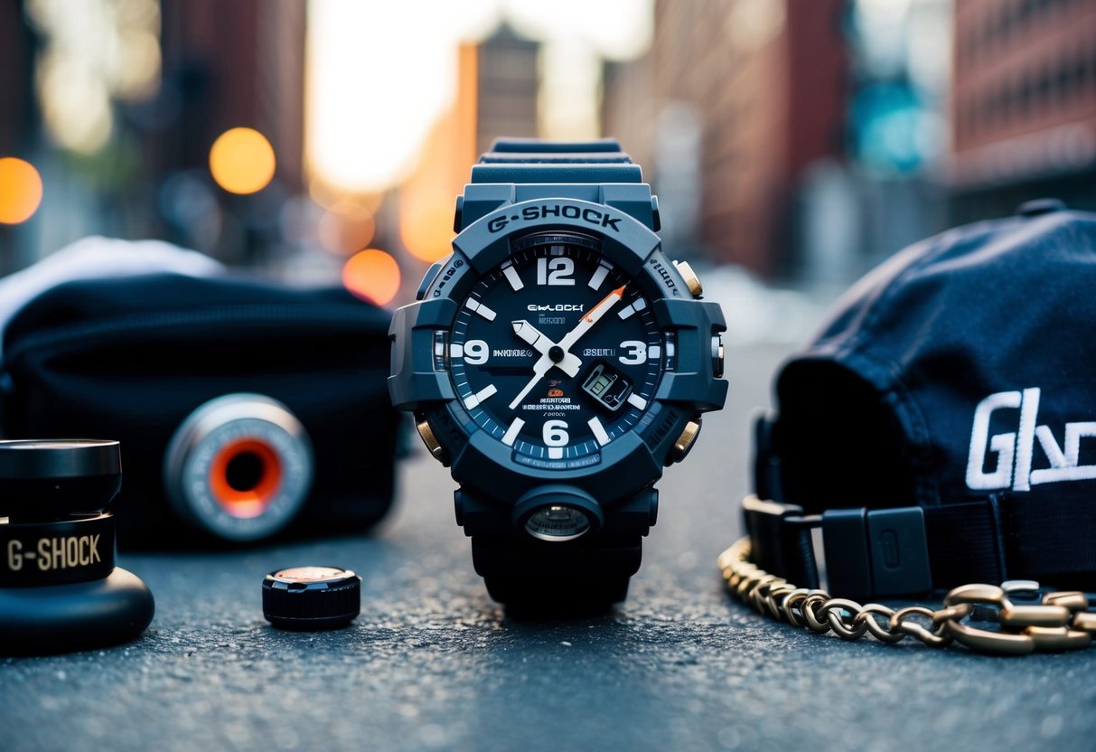 A rugged G-SHOCK watch surrounded by urban streetwear and accessories