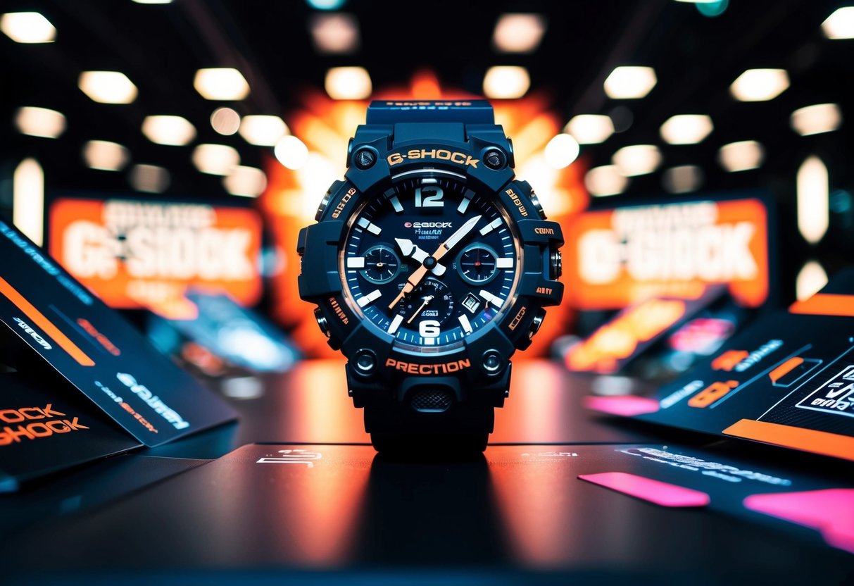 A rugged G-SHOCK watch surrounded by dynamic lighting and bold promotional graphics