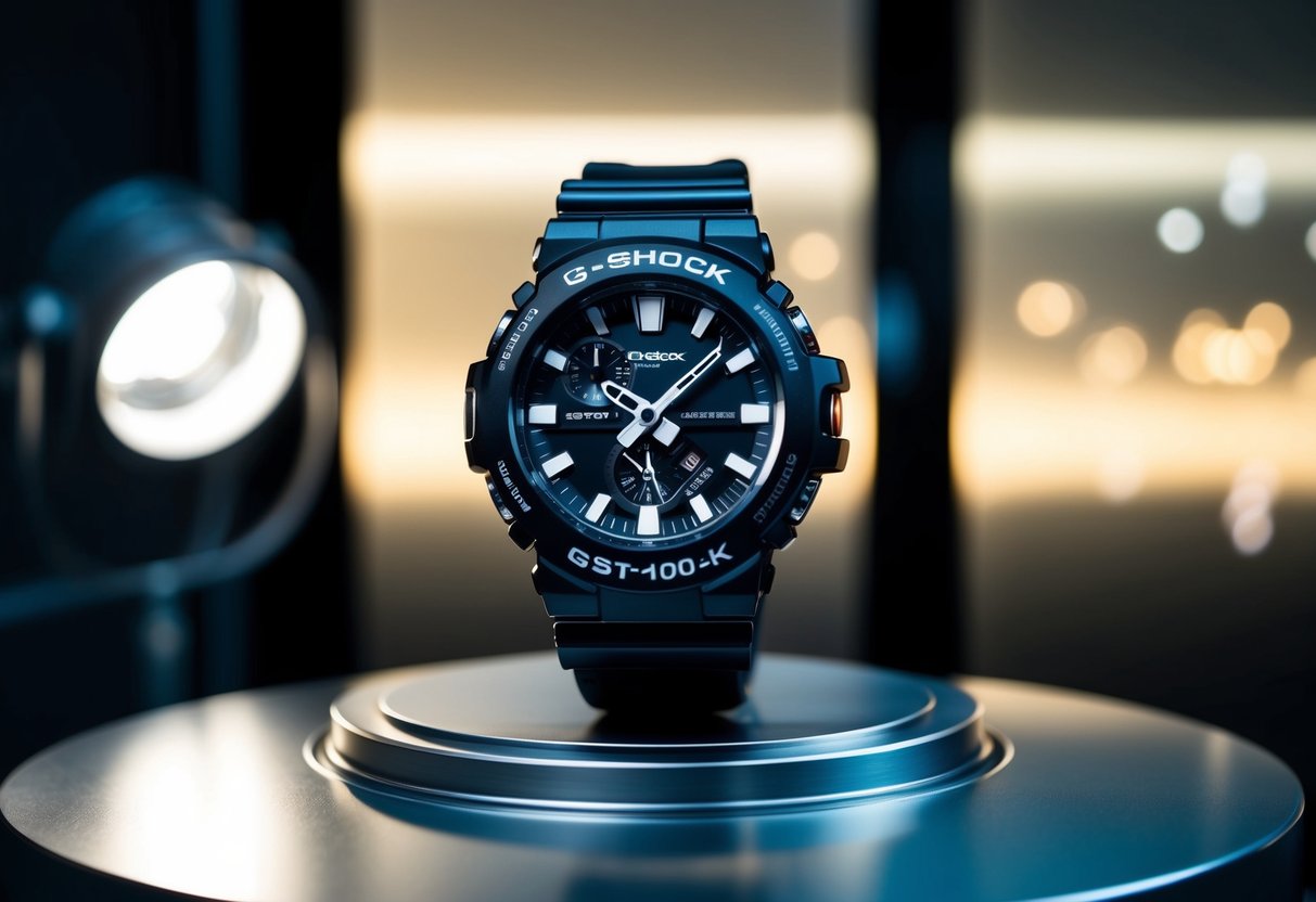 A sleek G-SHOCK GST-B100-1AER watch displayed on a futuristic, metallic surface with a spotlight highlighting its features