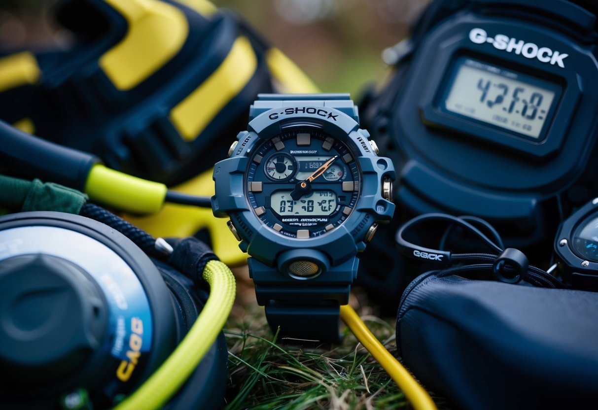 A rugged G-SHOCK watch surrounded by outdoor gear and sporting equipment, with a focus on the watch's digital display and durable construction