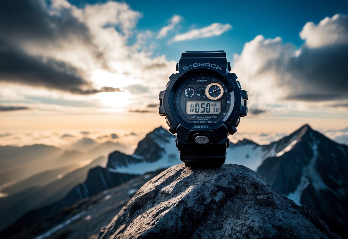 A sleek G-SHOCK watch sits on a rugged mountain peak, surrounded by dramatic clouds and a hint of sunrise