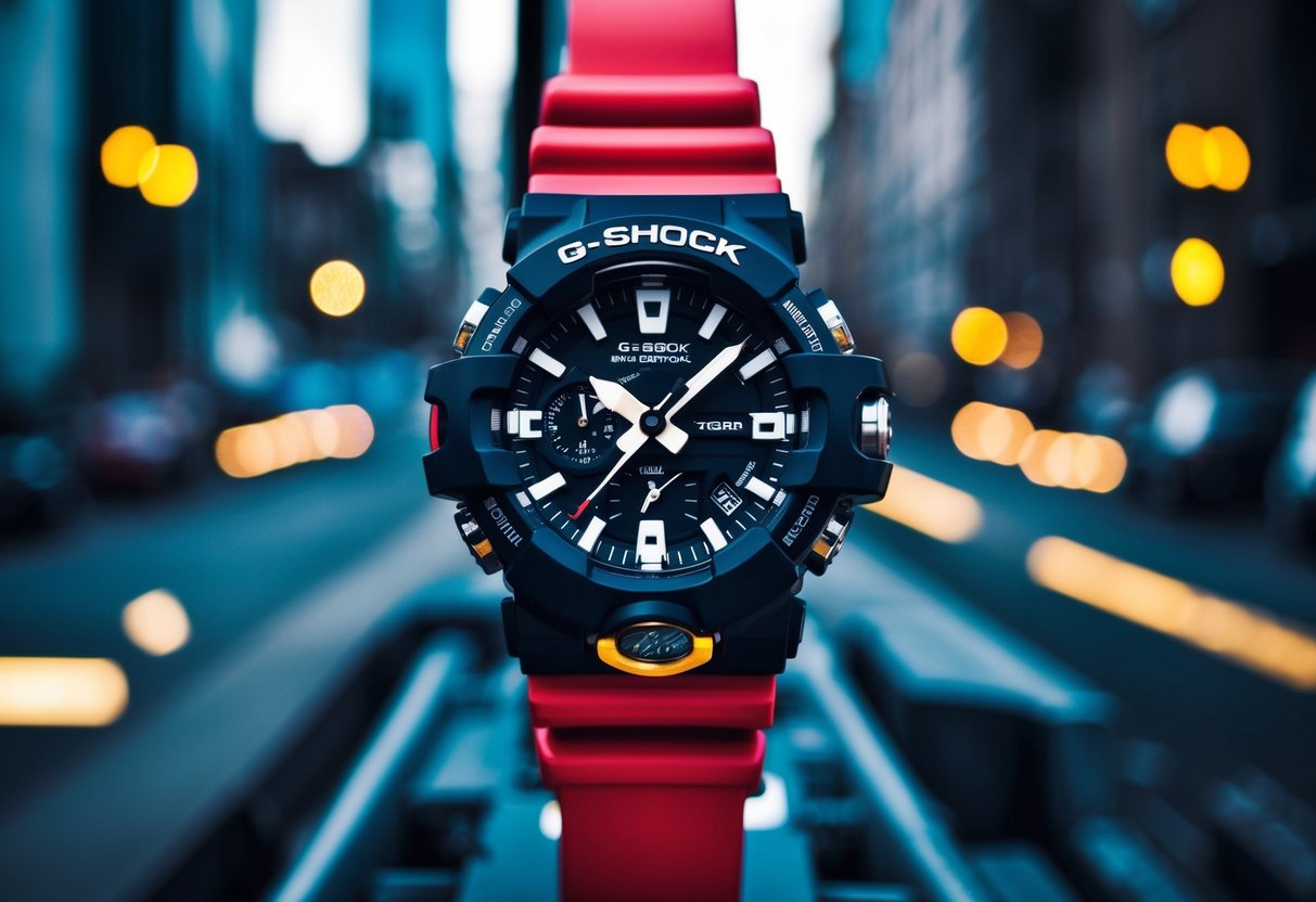 A rugged G-SHOCK watch surrounded by dynamic, urban elements