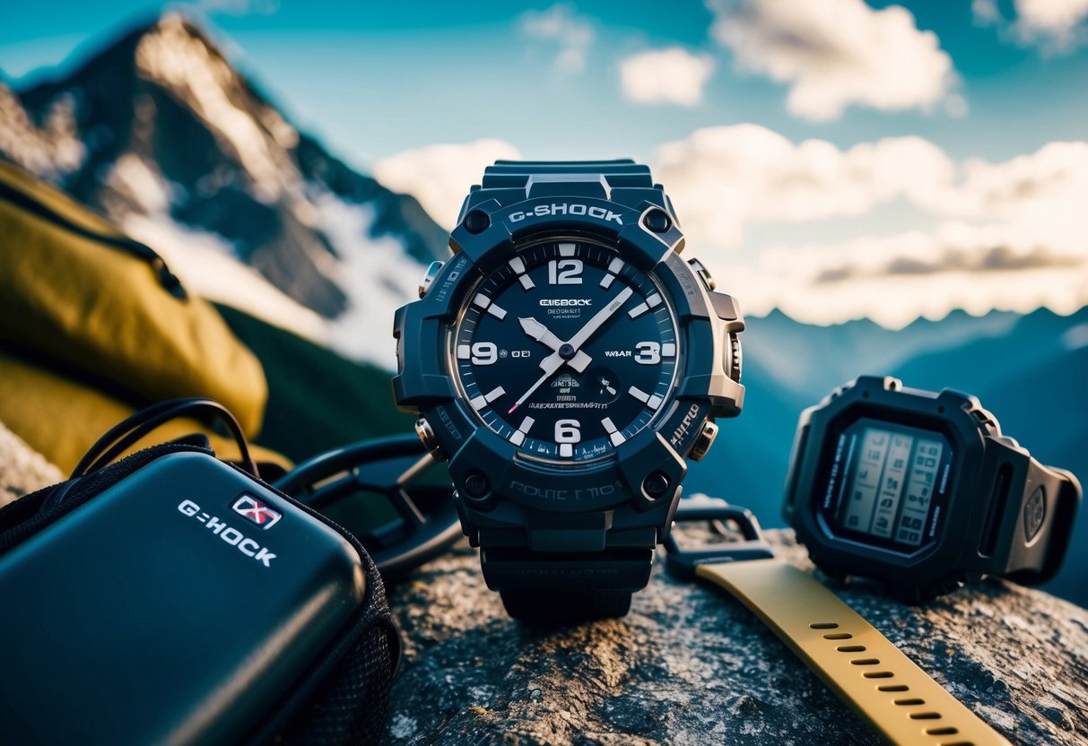A rugged G-SHOCK watch surrounded by outdoor adventure gear and a mountainous landscape