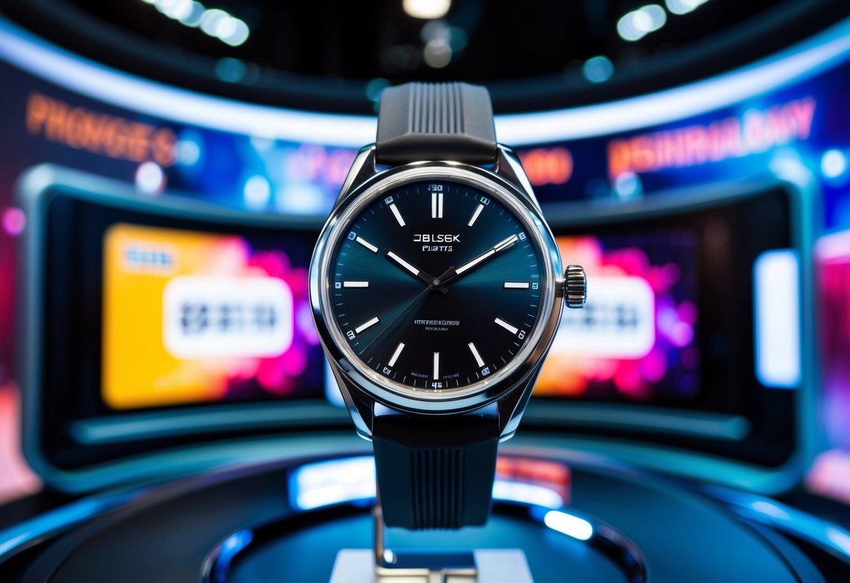 A sleek, modern wristwatch surrounded by futuristic technology and vibrant promotional displays