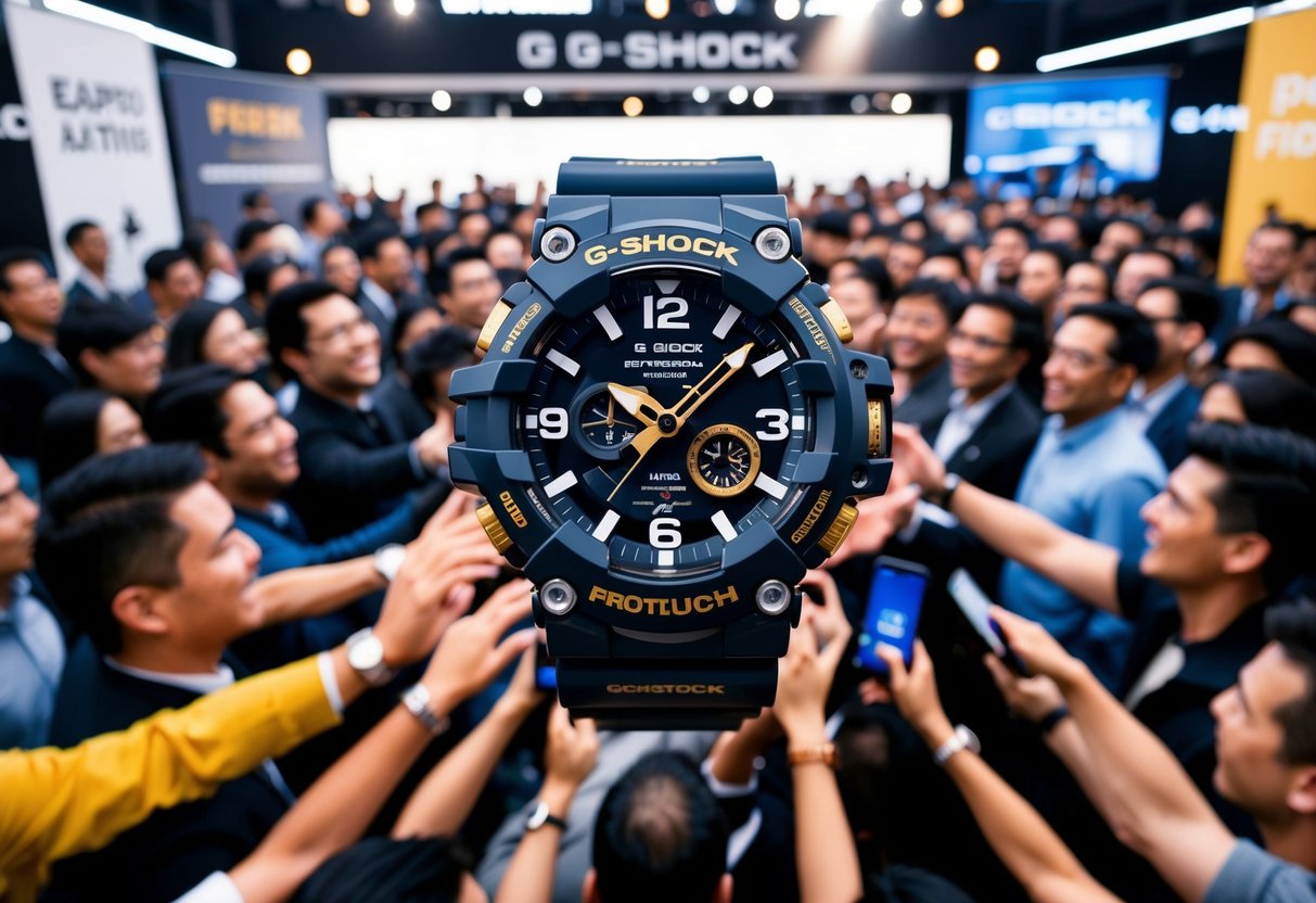 A dynamic G Shock watch with bold design and innovative features, surrounded by promotional banners and a crowd of enthusiastic customers