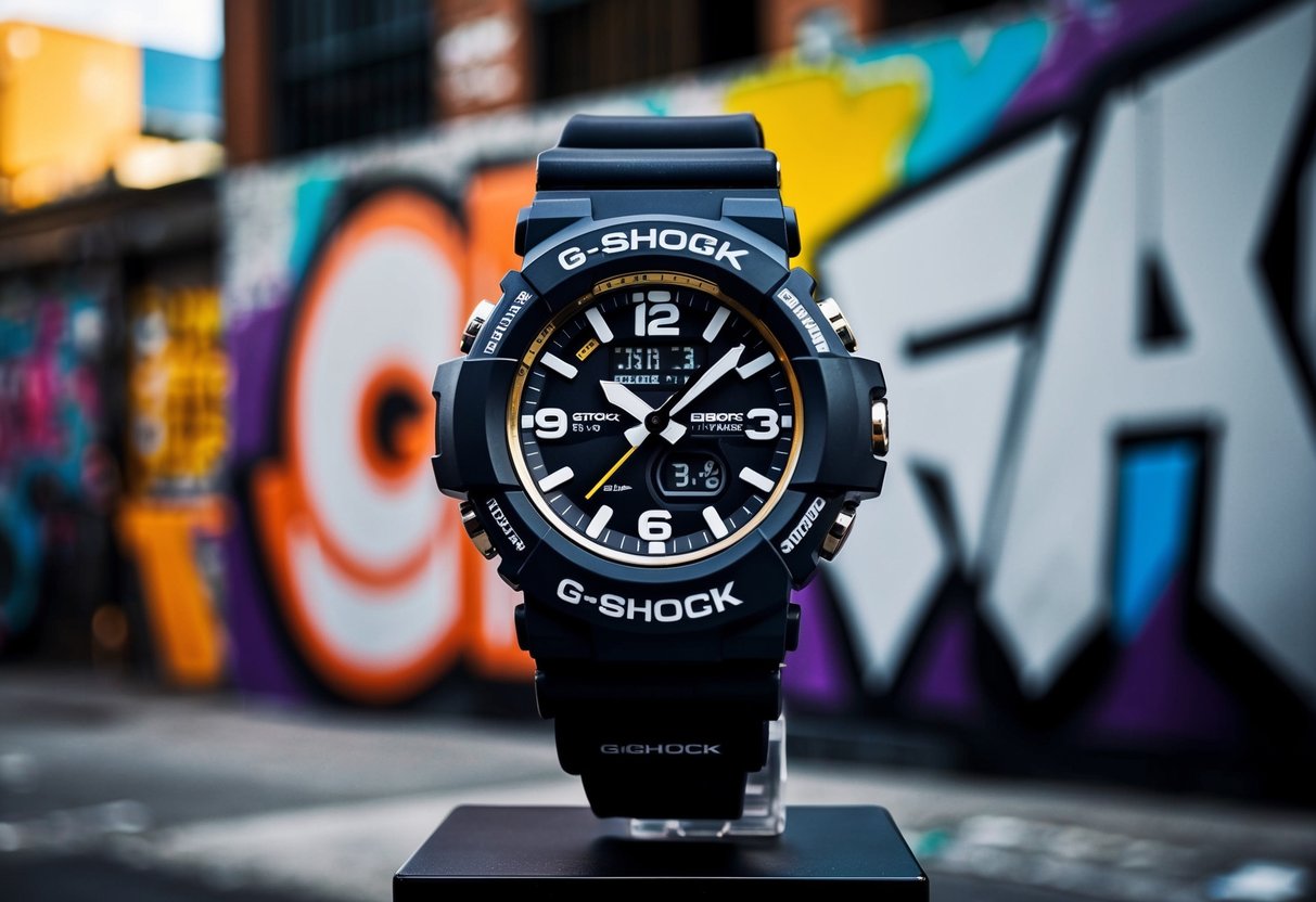 A rugged G Shock watch displayed against a backdrop of urban graffiti and street art, with bold and vibrant colors catching the eye