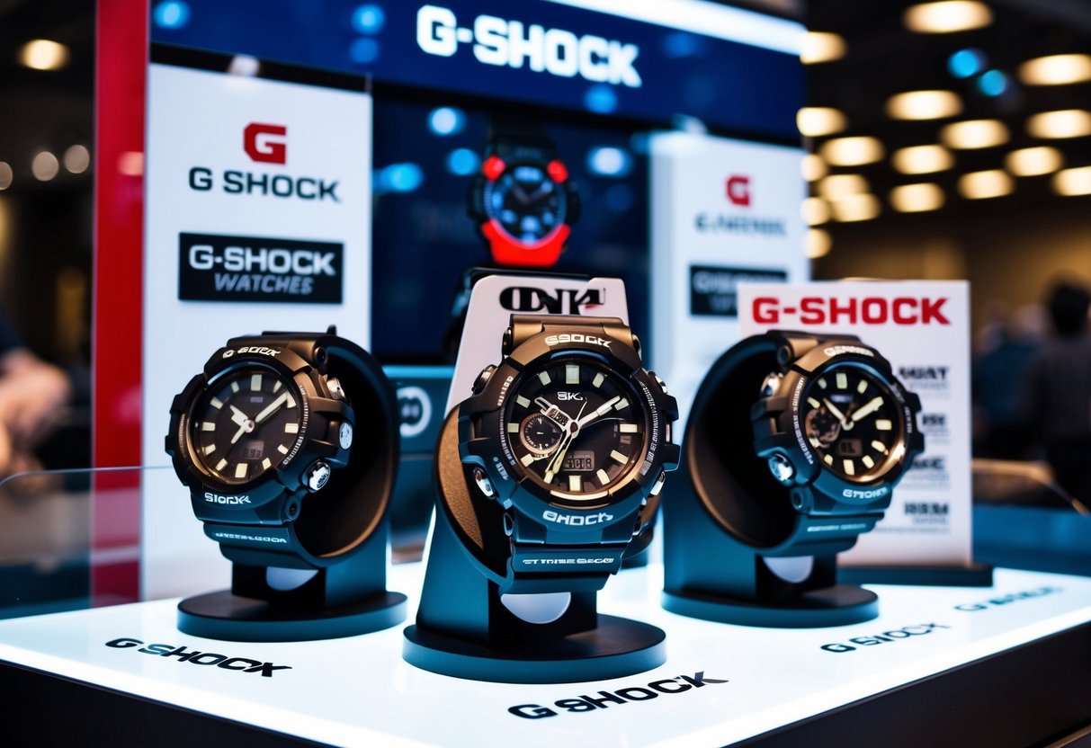 A display of G Shock watches with promotional signs and logos
