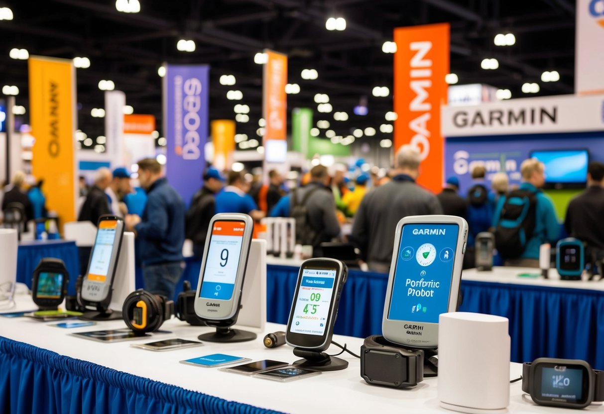 A crowded expo booth with colorful banners and promotional materials for Garmin products