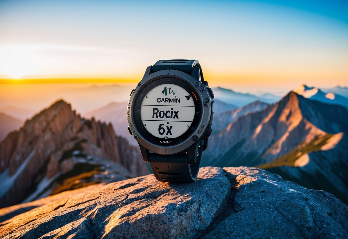 A rugged Garmin Fenix 6X Pro watch displayed on a rocky mountain summit at sunset