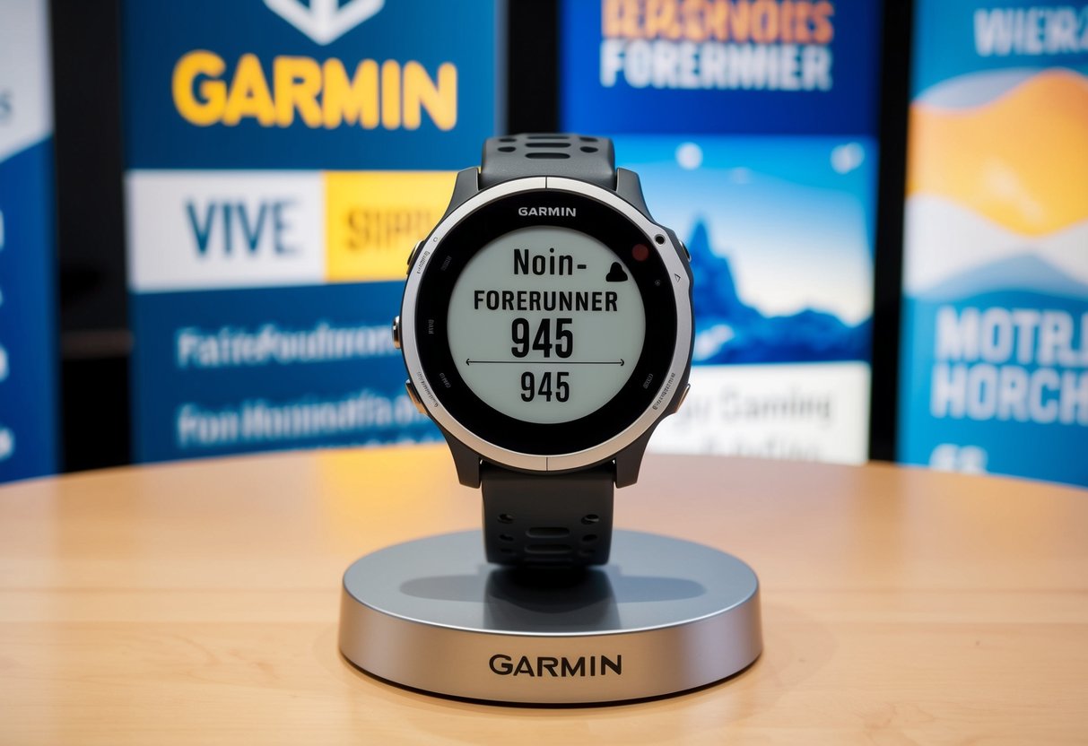 A Garmin Forerunner 945 sitting on a sleek, modern display stand with promotional banners and signage surrounding it