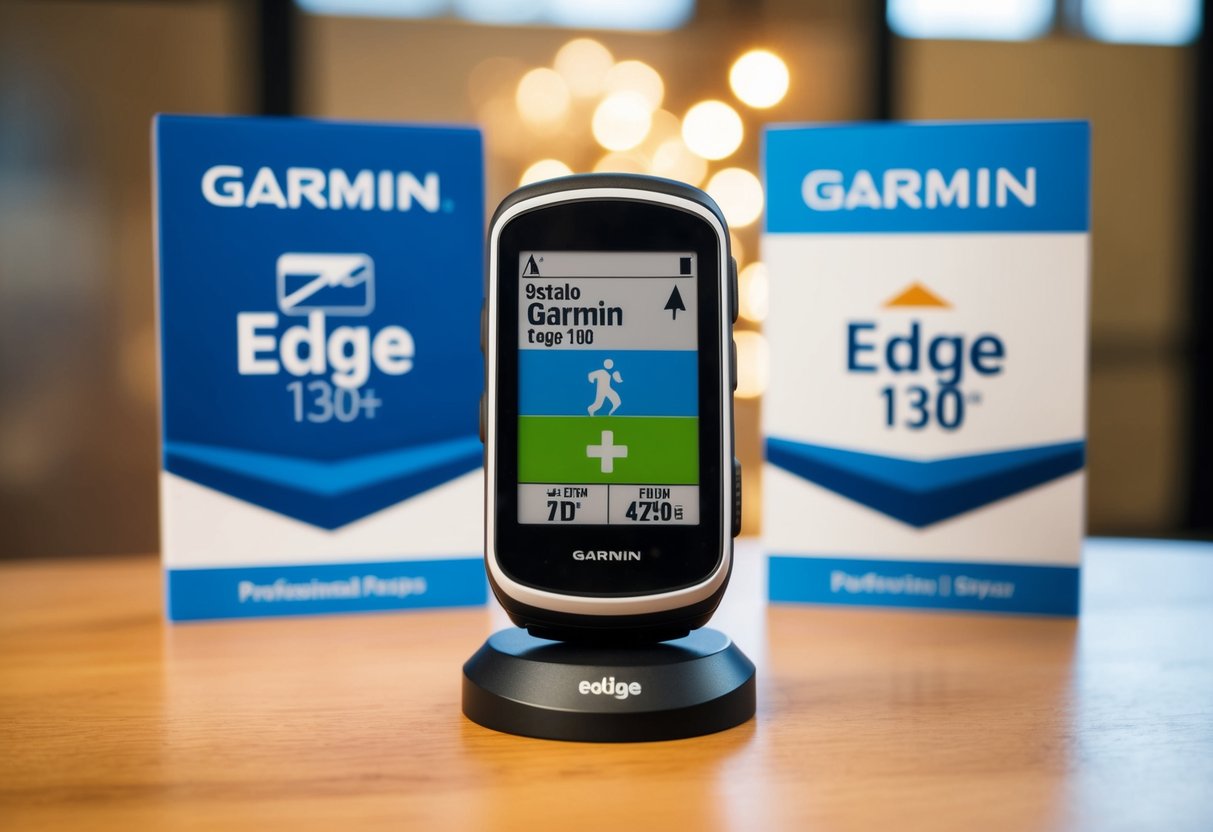 A Garmin Edge 130 Plus device displayed with promotional graphics and logos