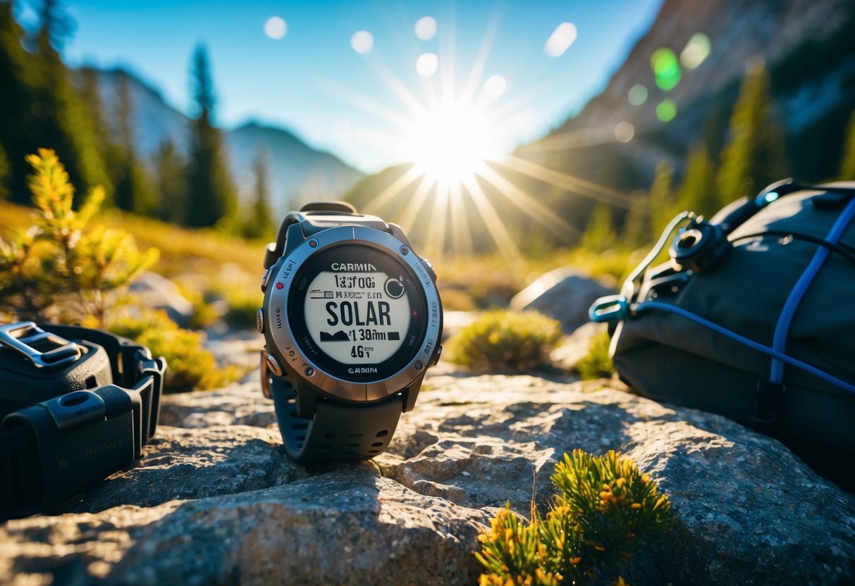 A rugged outdoor setting with the sun shining down on a Garmin Instinct Solar watch, surrounded by nature and adventure gear