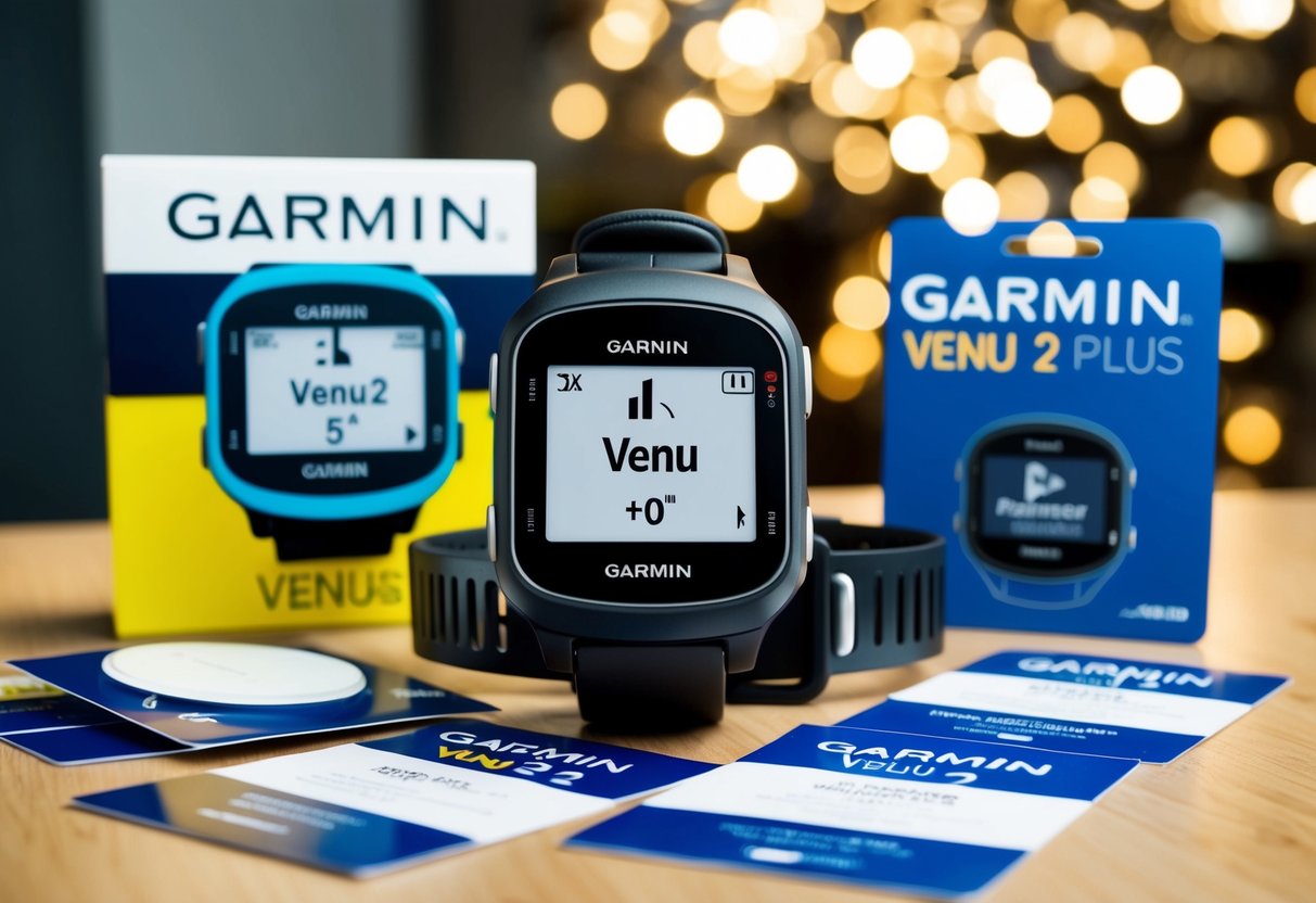 A sleek Garmin Venu 2 Plus surrounded by promotional materials in a modern, tech-savvy setting