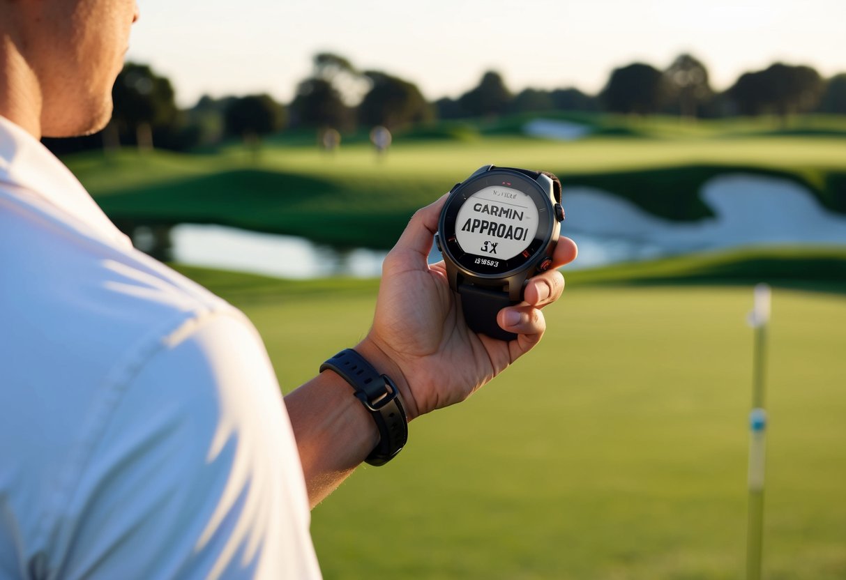 A golf course with a golfer using the Garmin Approach S62 watch to track their game and take advantage of Garmin promotions