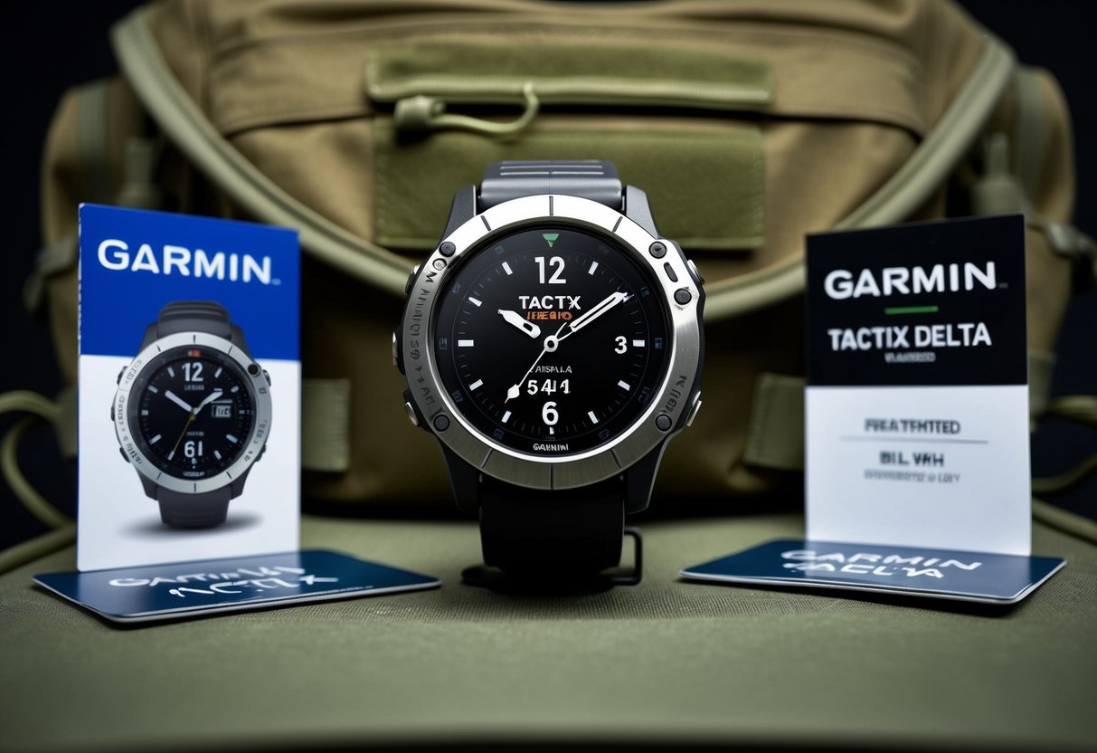 A rugged Garmin tactix Delta watch displayed with promotional materials in a military-inspired setting
