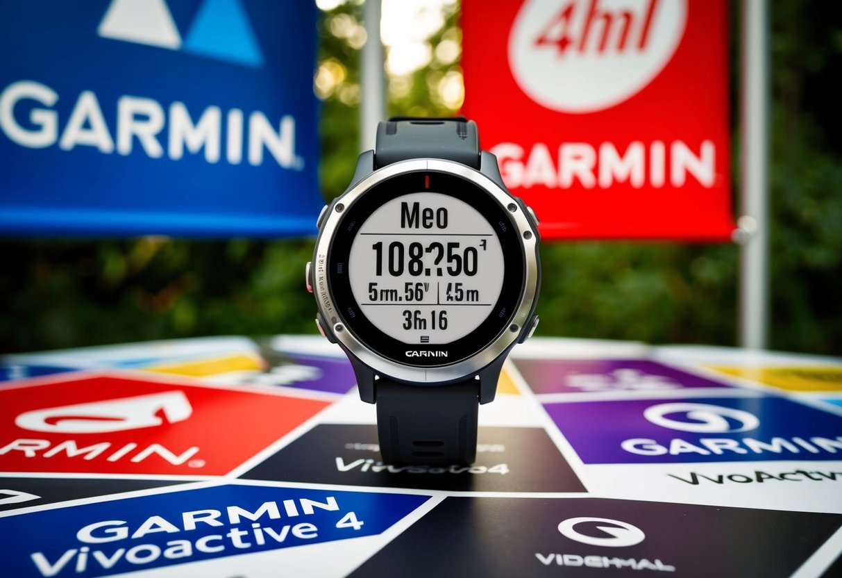 A sleek Garmin Vivoactive 4 surrounded by promotional banners and logos