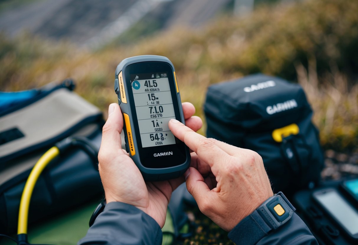 A rugged outdoor scene with a person using a Garmin epix Pro (Gen 2) while surrounded by nature and outdoor equipment