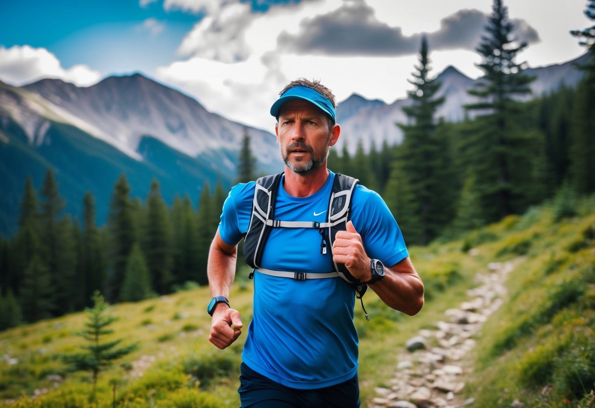 A rugged trail runner wearing a Garmin Enduro 2 watch, surrounded by mountains and lush forests