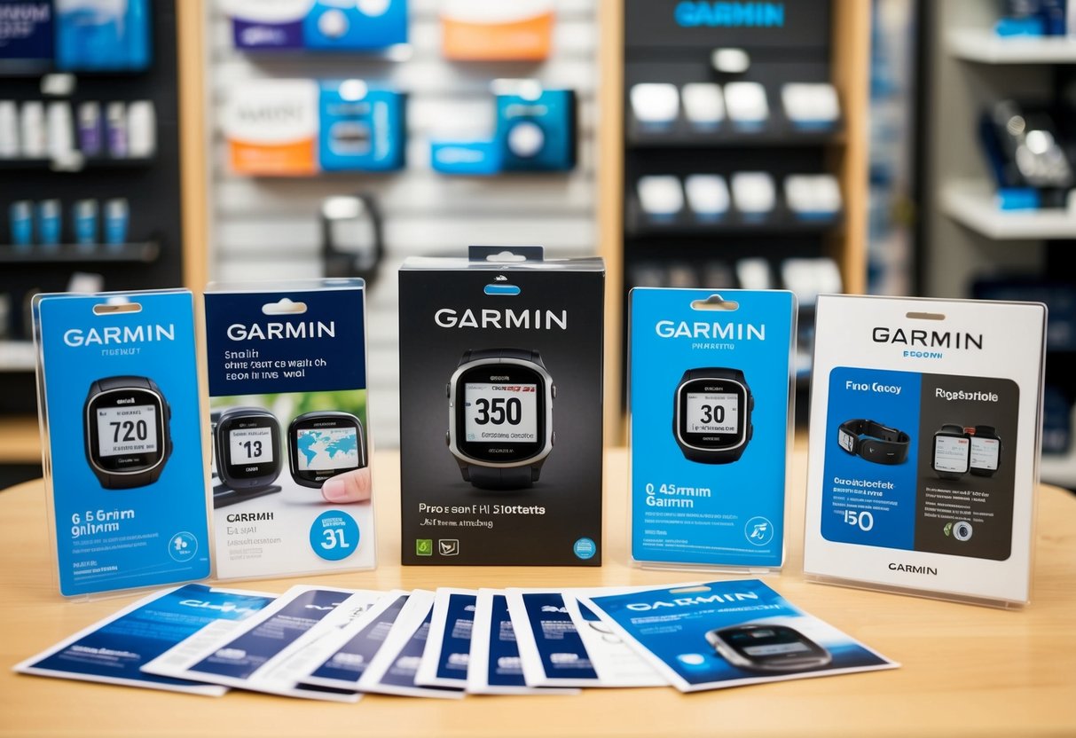 A display of Garmin products and promotional materials arranged on a table in a store
