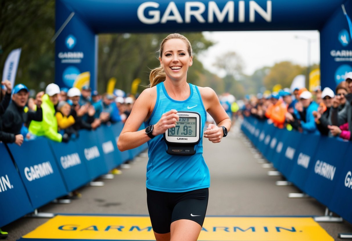 A runner wearing a Garmin watch smiles as they cross the finish line at a race. The crowd cheers, and banners promoting Garmin's latest deals line the route