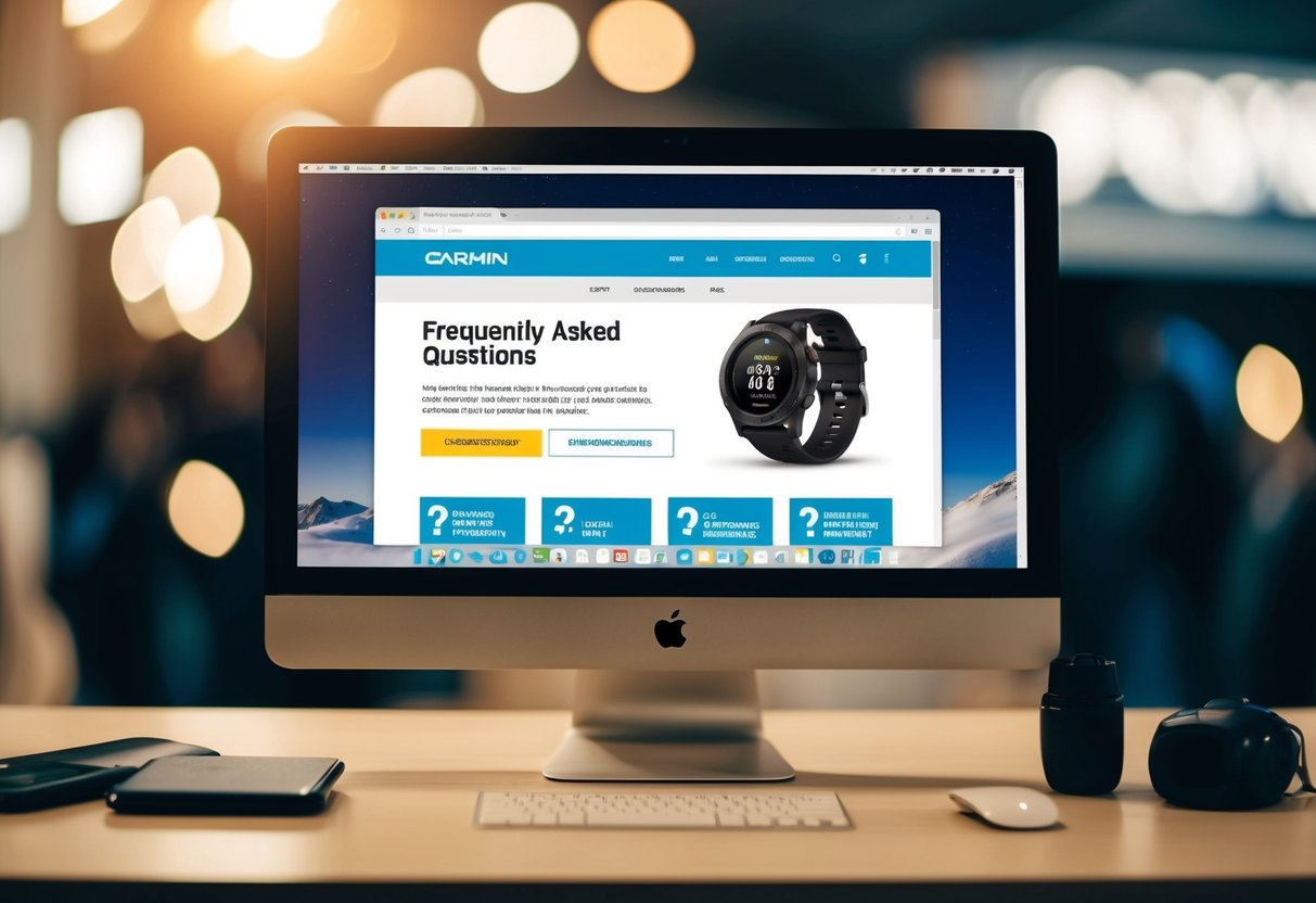 A computer screen displaying a webpage with "Frequently Asked Questions" about Garmin promotions, surrounded by promotional imagery and logos
