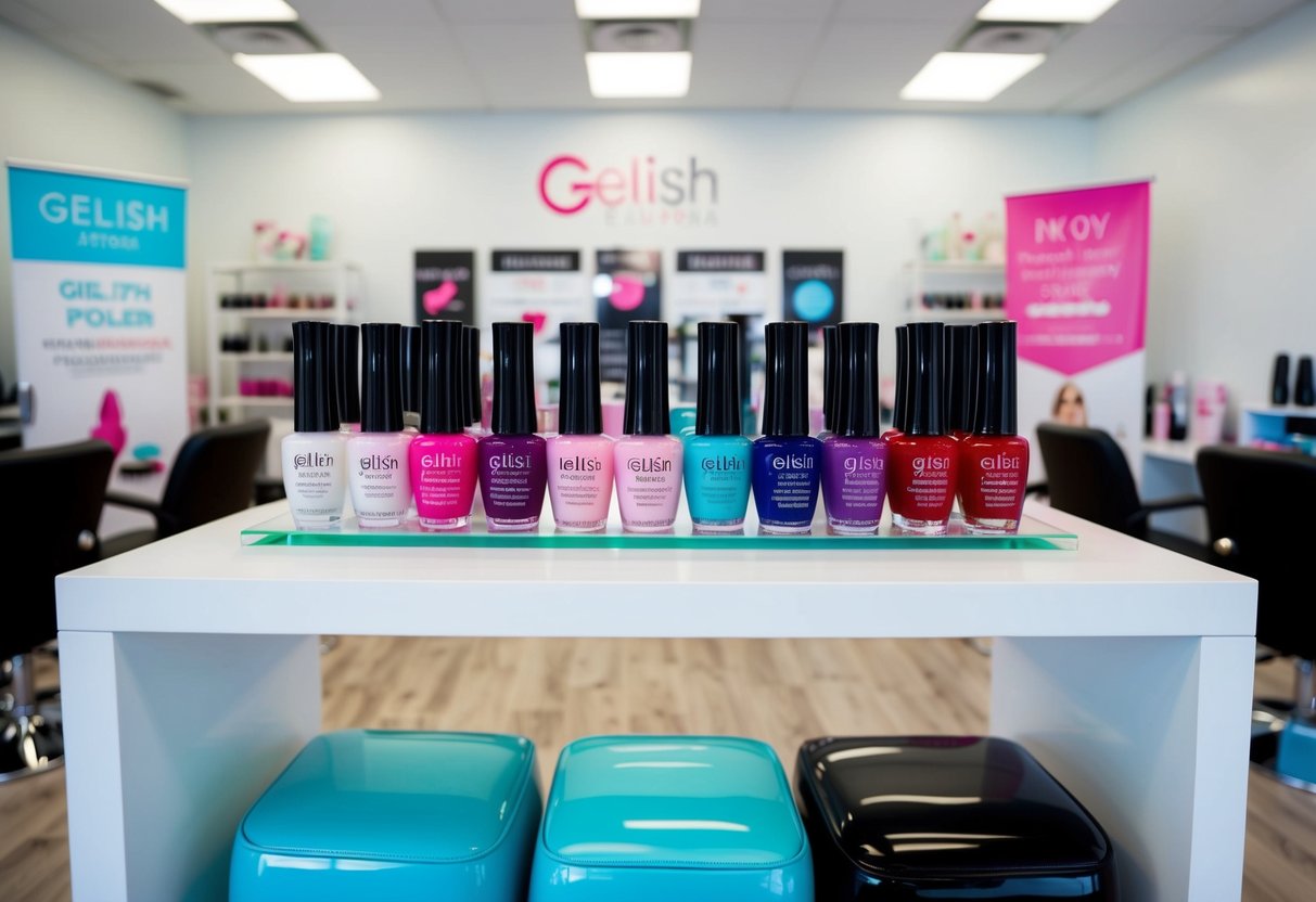 A nail salon with colorful Gelish polish bottles displayed on shelves, surrounded by promotional signs and banners. Bright, clean, and inviting atmosphere