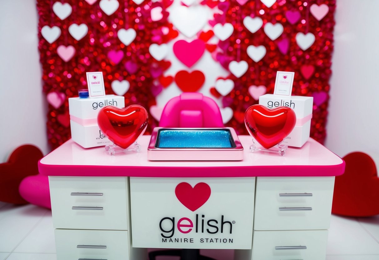 A gelish manicure station with heart-shaped decorations and romantic ambiance for Valentine's Day promotions