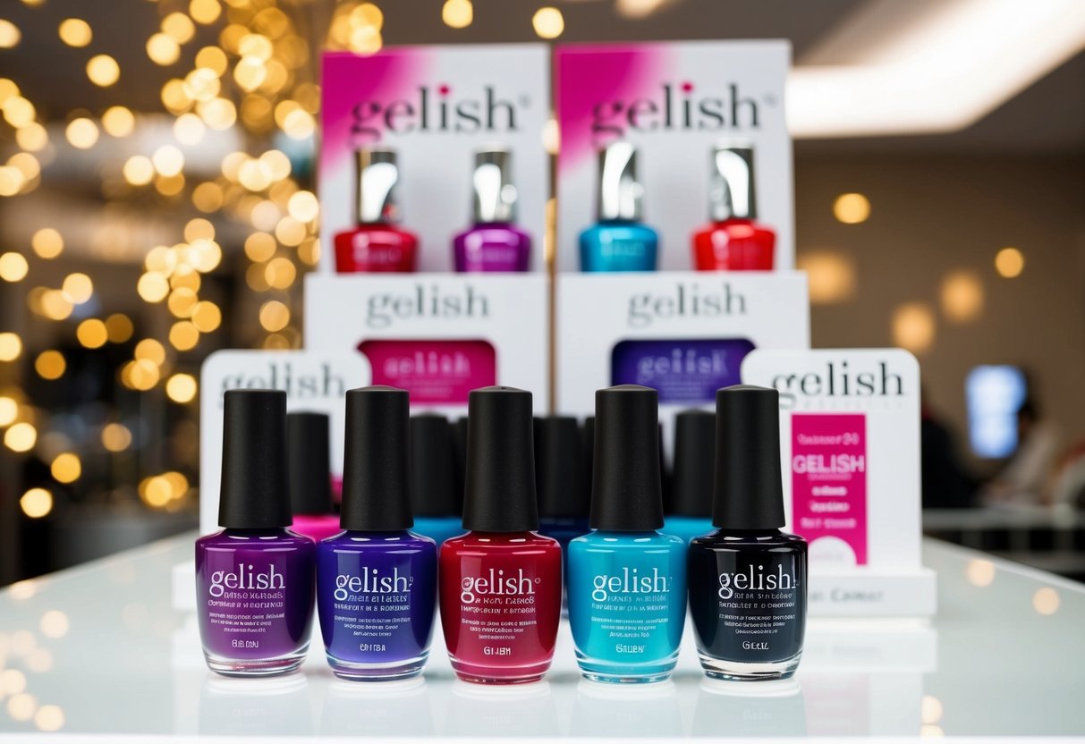 A display of colorful Gelish nail polish bottles with promotional signs