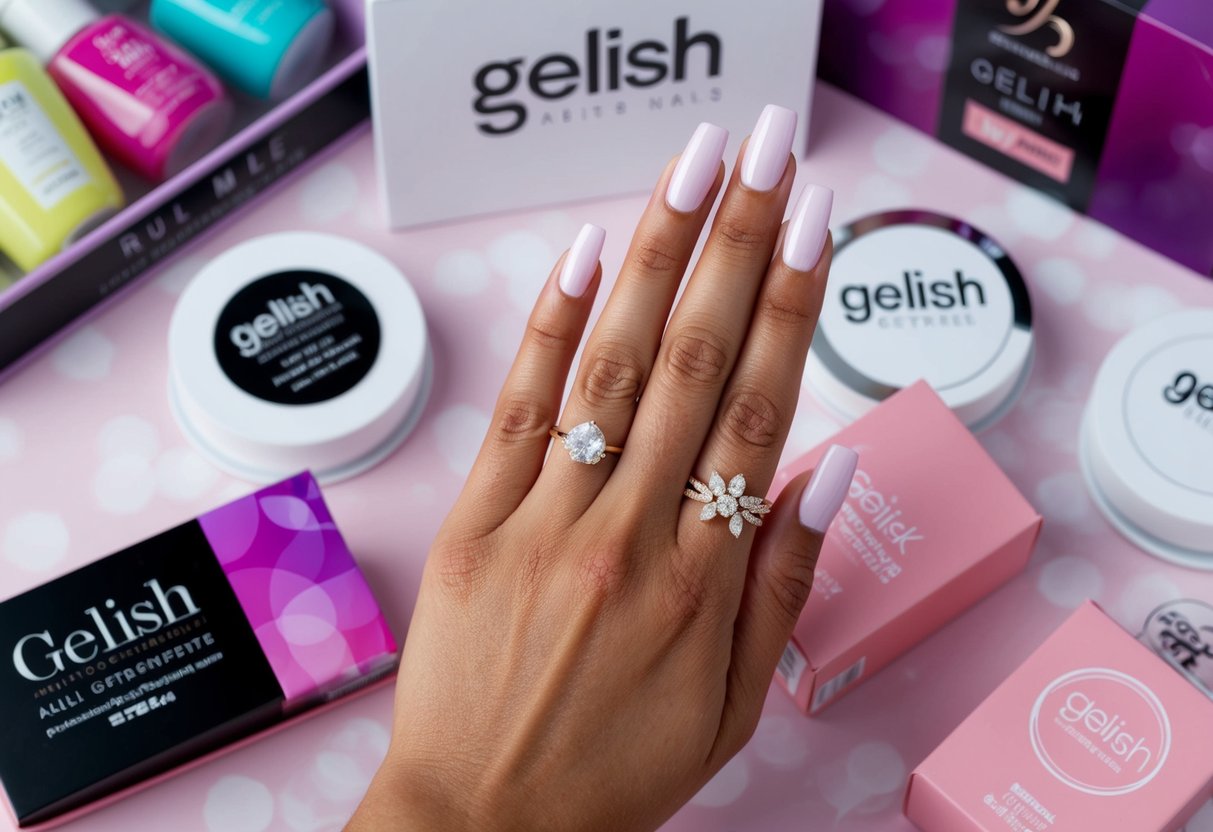 A hand with perfectly manicured Gelish nails, surrounded by promotional signs and products