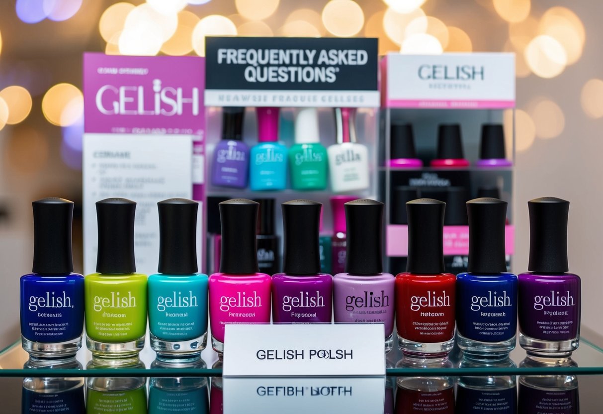 A display of colorful Gelish nail polish bottles with a "Frequently Asked Questions" sign and promotional materials