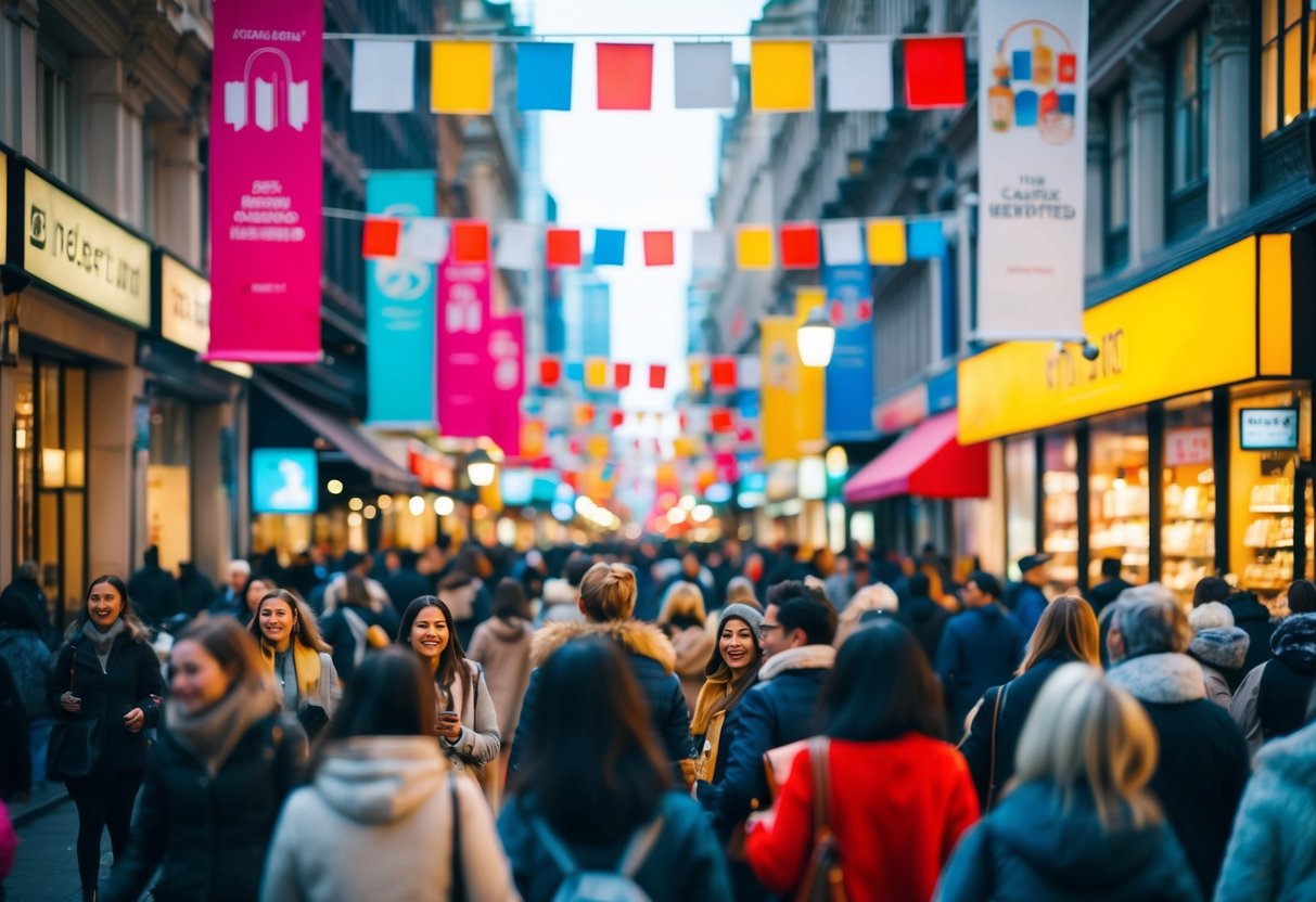 A bustling city street filled with colorful banners, flashing lights, and excited shoppers