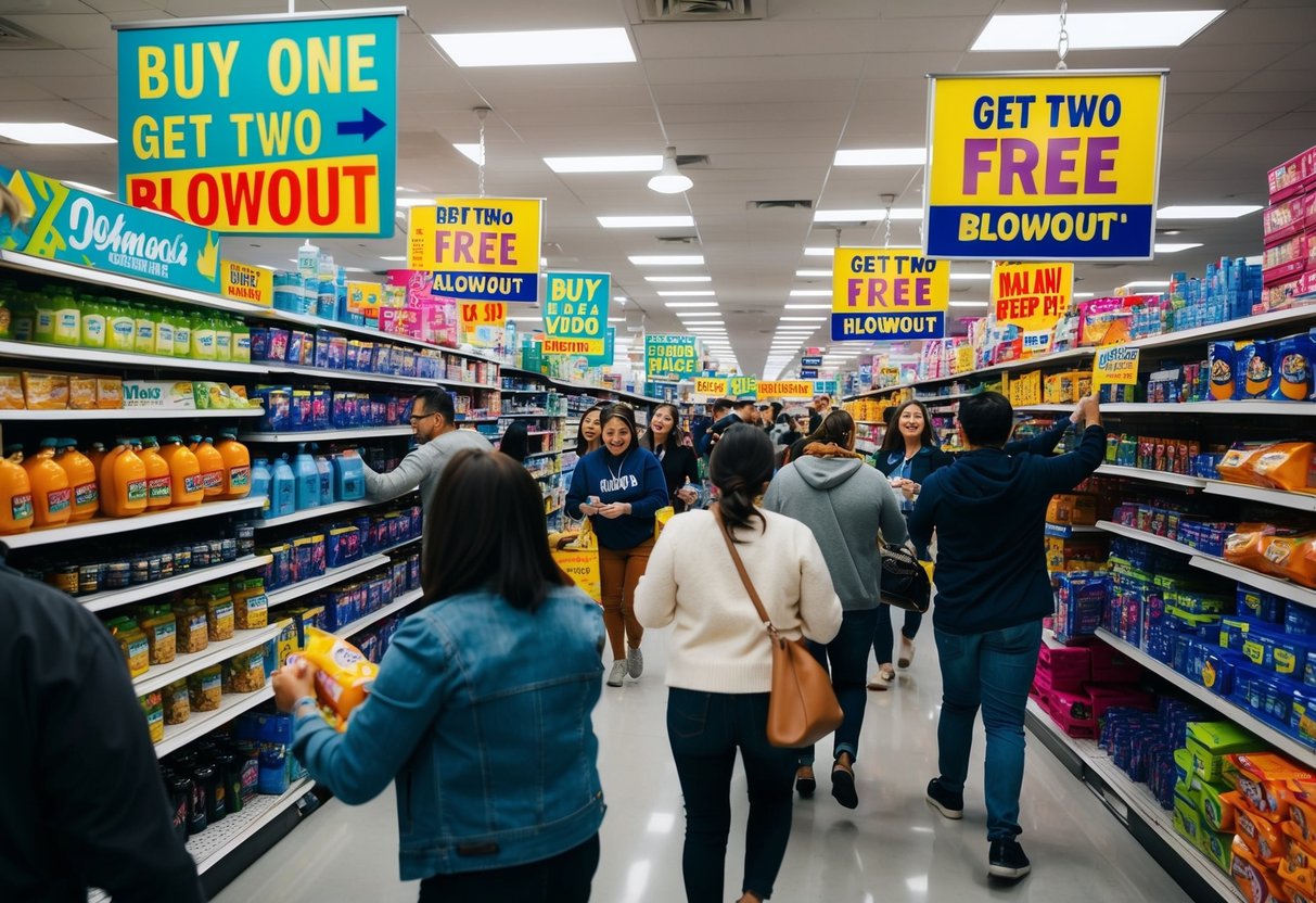 A crowded store with shelves stocked full of products, colorful signage advertising "Buy One Get Two Free Blowout" promotions, and excited customers grabbing multiple items
