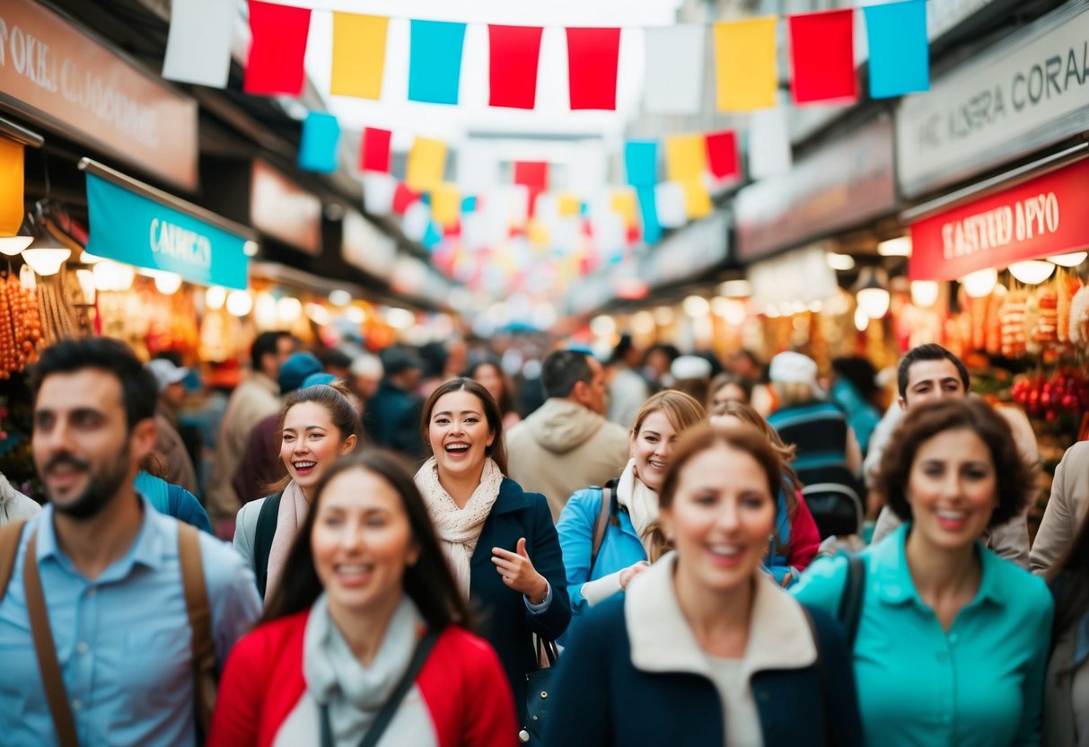 A crowded marketplace with colorful banners and excited shoppers