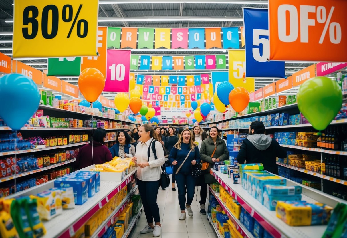 A crowded store with colorful banners, balloons, and huge discount signs. Shelves are filled with products and excited customers browse the aisles