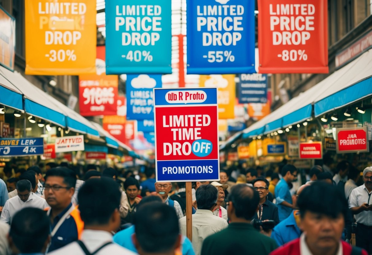 A crowded marketplace with colorful banners and signs advertising limited-time price drop promotions