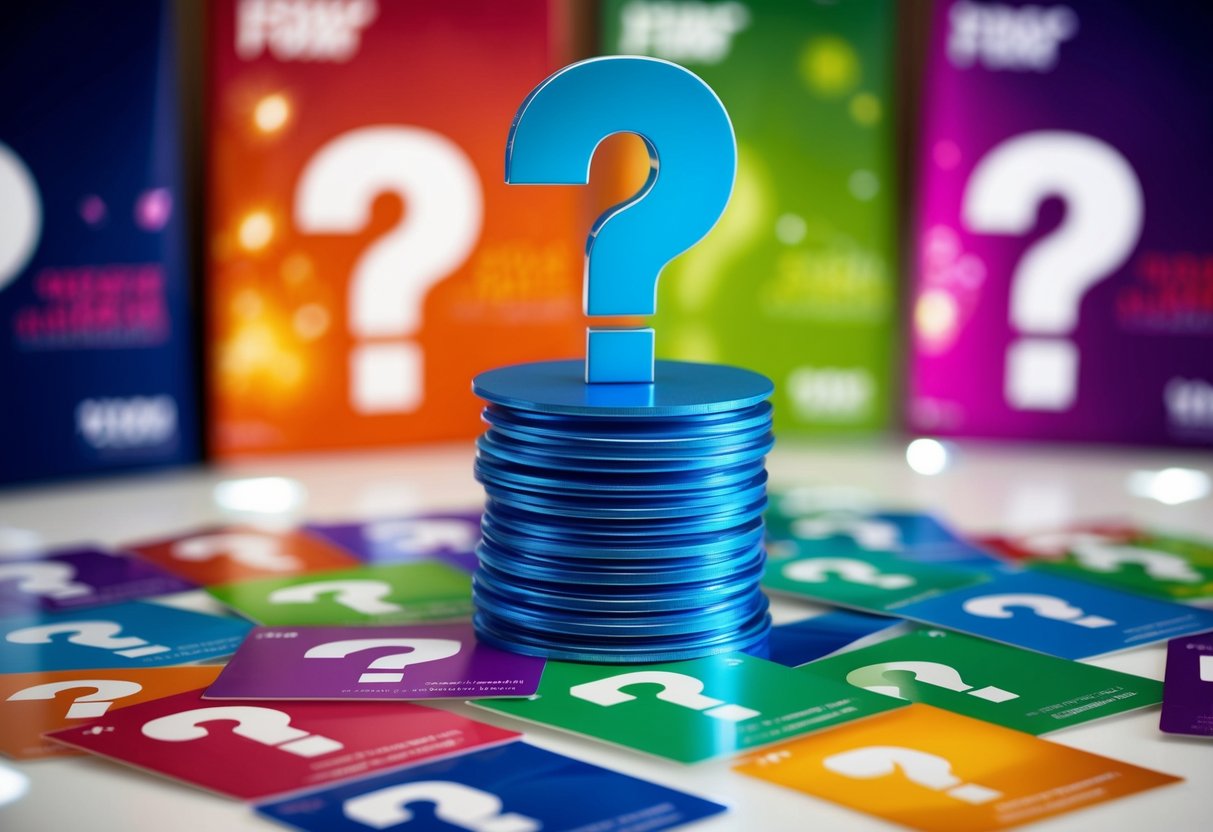 A towering stack of question mark symbols surrounded by colorful promotional banners
