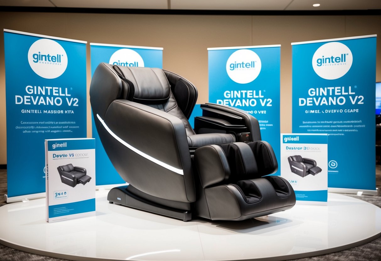 A sleek, modern massage sofa with built-in technology and comfortable design, surrounded by promotional materials for Gintell DeVano V2