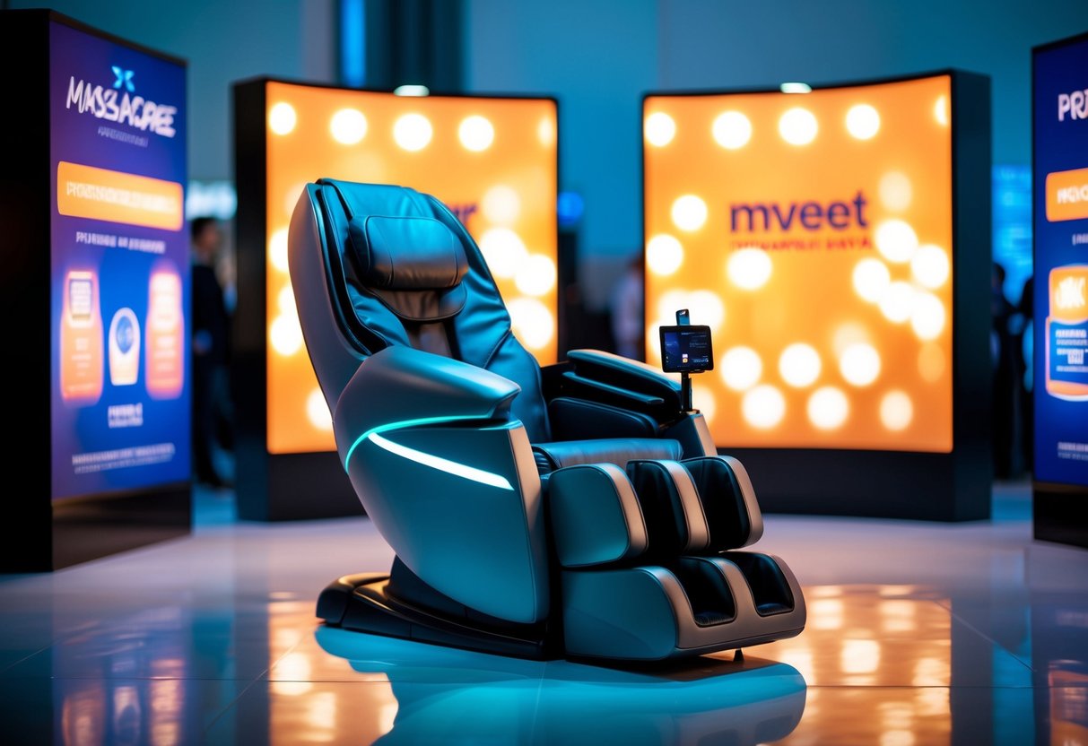 A sleek, futuristic massage chair surrounded by glowing promotional displays